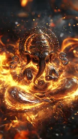 Radiant Ganesha statue glows within swirling sacred flames