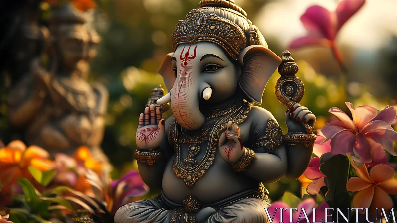 Ganesha idol sits amid vivid flowers under warm sunset light