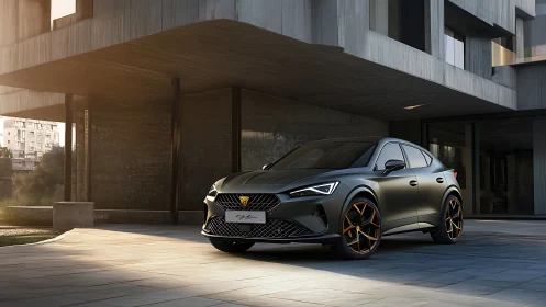Matte black crossover SUV parked by modern concrete home.