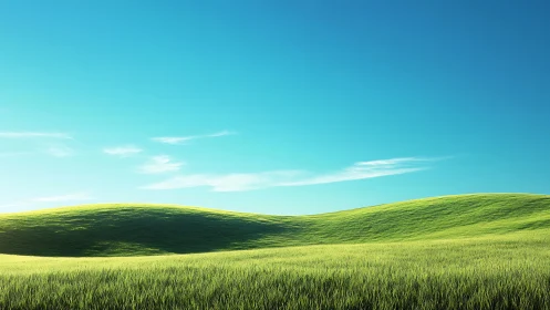 Sunlit green hills curve beneath clear cyan sky.