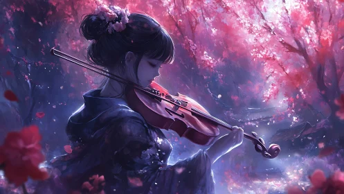 Cherry blossom serenade with violin under twilight glow.