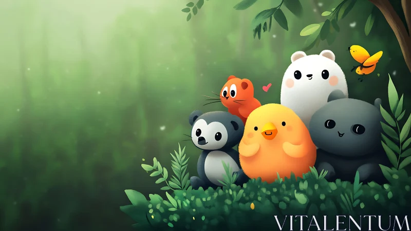 Cute forest animal group sitting in lush green foliage.