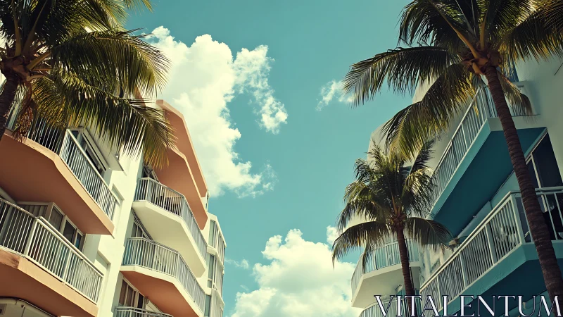 Palm-lined modern apartments frame bright tropical sky