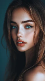Hyperreal close-up portrait showcases teal-eyed female subject