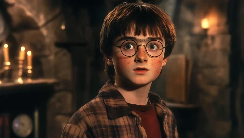 Wide-eyed boy in candlelit stone room, caught mid-revelation.