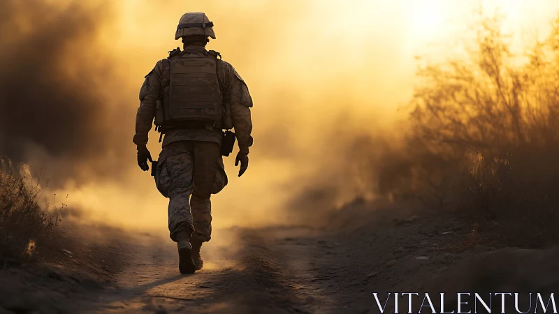 Soldier in tactical gear walking through dusty terrain.