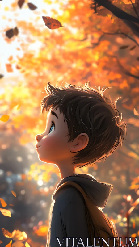 Boy watches drifting autumn leaves in warm golden light