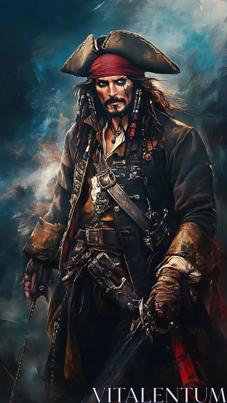 Weathered pirate captain grips sword amid storm haze