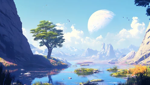 Alien river valley under large crescent moon with layered depth cues