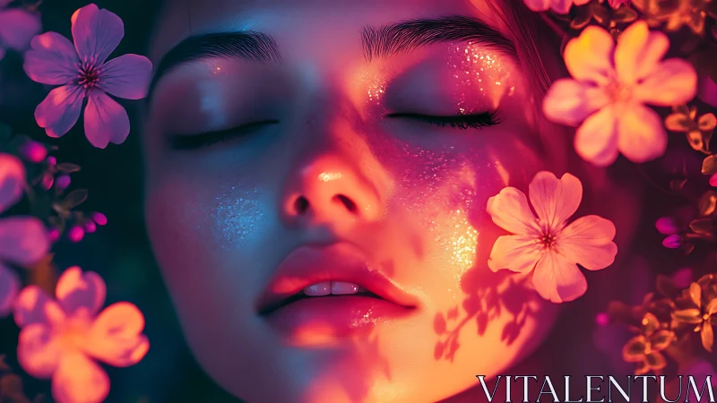 Neon floral portrait with iridescent skin glow in close-up focus.