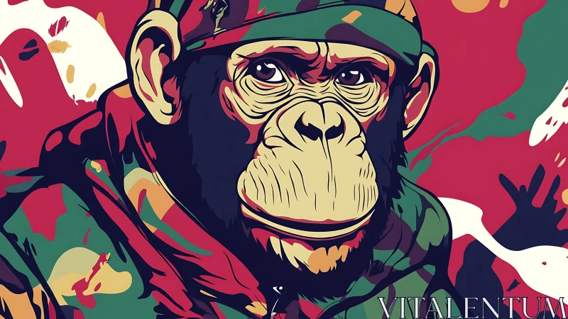 Vector-sculpted chimpanzee in camo palette on abstract field.
