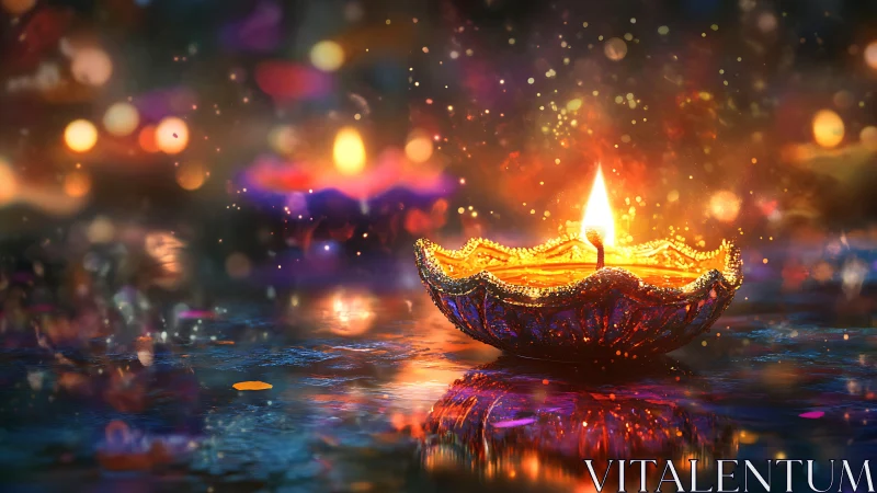 Radiant festive diya glowing over colorful reflective water.