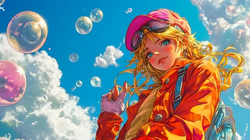 Girl in orange jacket stands under blue sky with bubbles