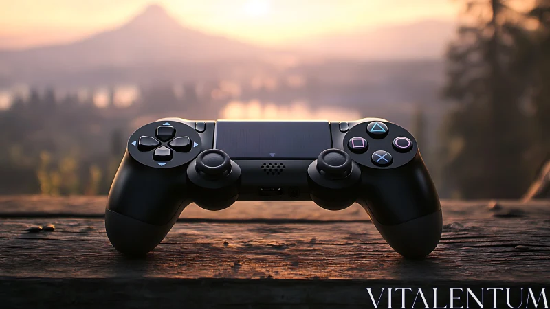 PlayStation Controller Overlooks Mountain Landscape at Dusk.