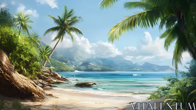 Tropical Island Paradise Beach with Mountain Vista.