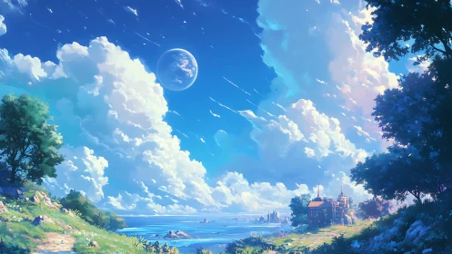 Coastal fantasy skyline under expansive celestial clouds.