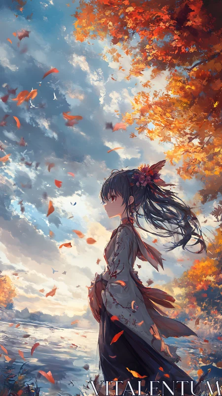 Autumn riverbank girl in kimono amid windblown foliage