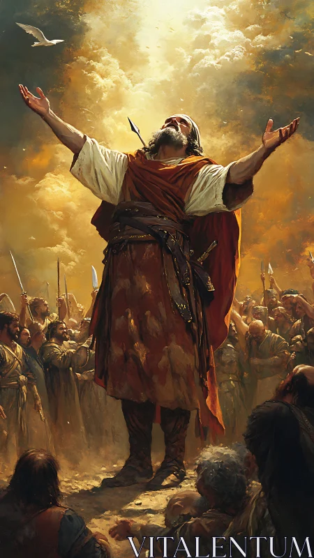 Digital painting of prophetic leader in radiant ascension tableau.