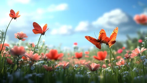 Orange butterflies drift over sunlit wildflower meadow