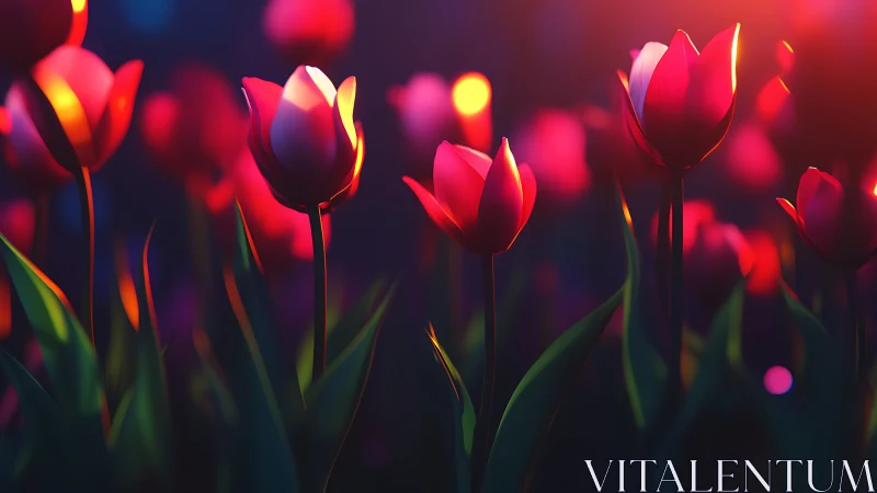 Red tulips with luminous petals backlit against dark blurred background