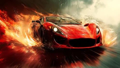 Fireborn crimson supercar slicing through molten storm roads.
