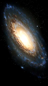 Oblique spiral galaxy rendering with luminous central bulge.