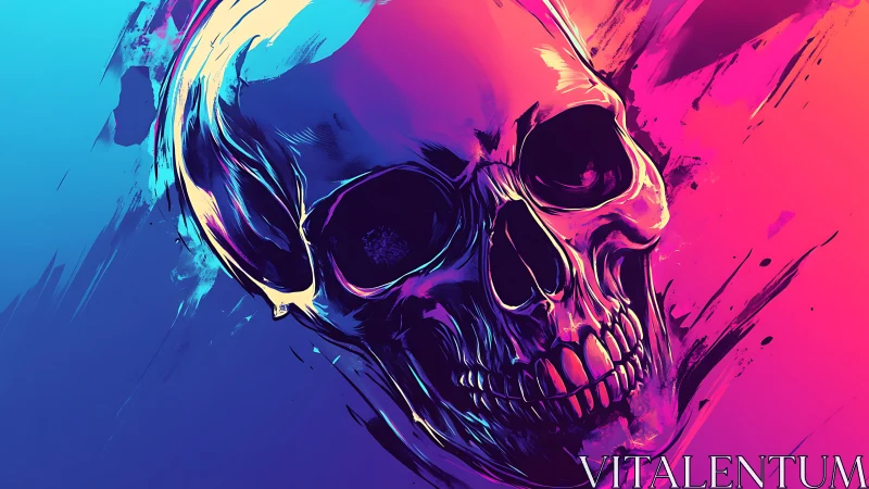 Neon skull erupts through electric cyan and magenta void.
