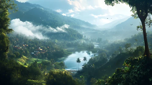 Mist-kissed valley lake welcomes a quiet tropical village