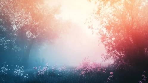 Misty meadow glows under soft pastel sunrise light