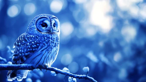 Majestic owl perched on snowy branch, glowing blue bokeh background.