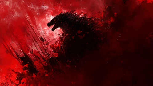 Giant roaring monster silhouette in red abstract chaos.