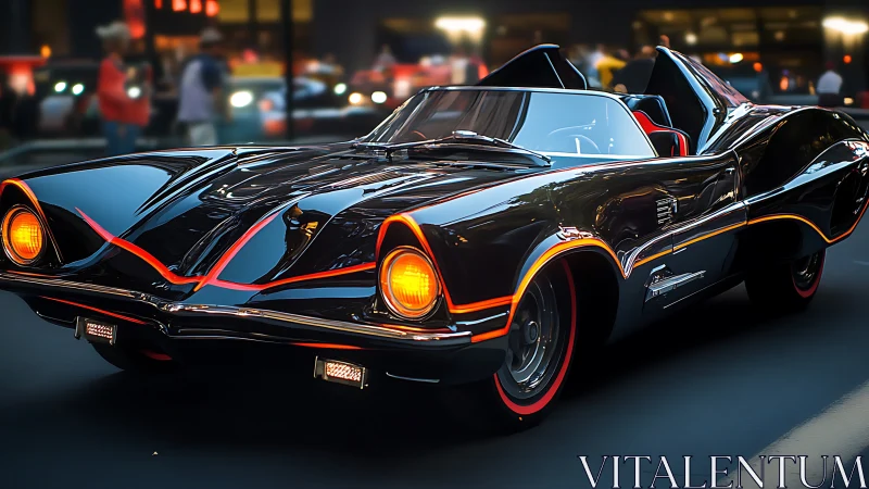 Photorealistic retro-futurist roadster with neon contouring.