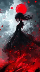 Dark figure amid red storm beneath eclipsed sun.