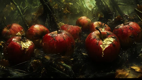 Rotting forest apples gleam amid dark, tangled undergrowth.