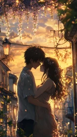 Anime sunset romance under cascading floral street canopy.