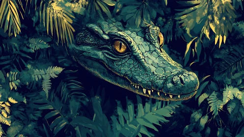 Predatory crocodile head emerging through lush jungle foliage.
