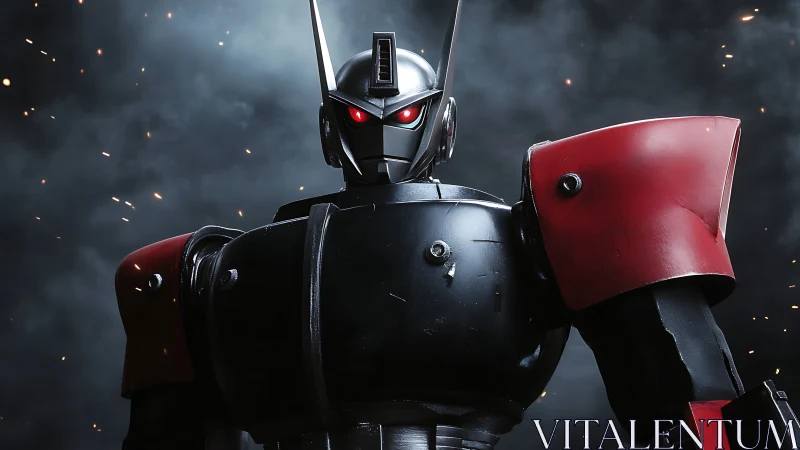 Stoic battle robot standing strong in a storm of sparks.