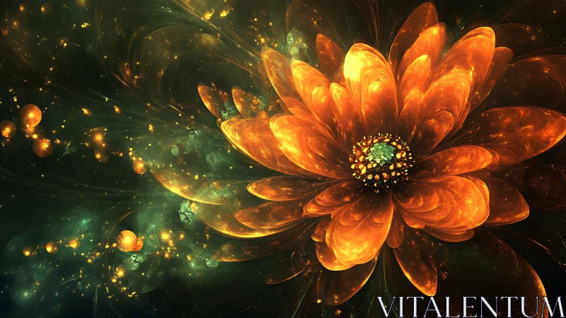 Glowing orange fractal flower on deep cosmic background.