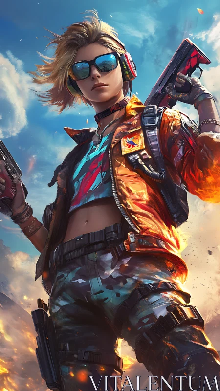 Cyberpunk sharpshooter stands confident in blazing sky duel.