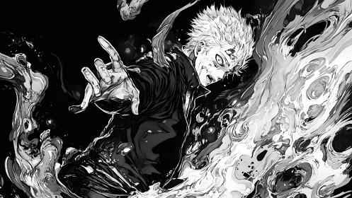 Dynamic manga sorcerer unleashing turbulent monochrome energy wave