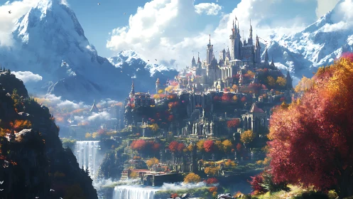 Mountain citadel rising above tiered waterfalls in autumn light