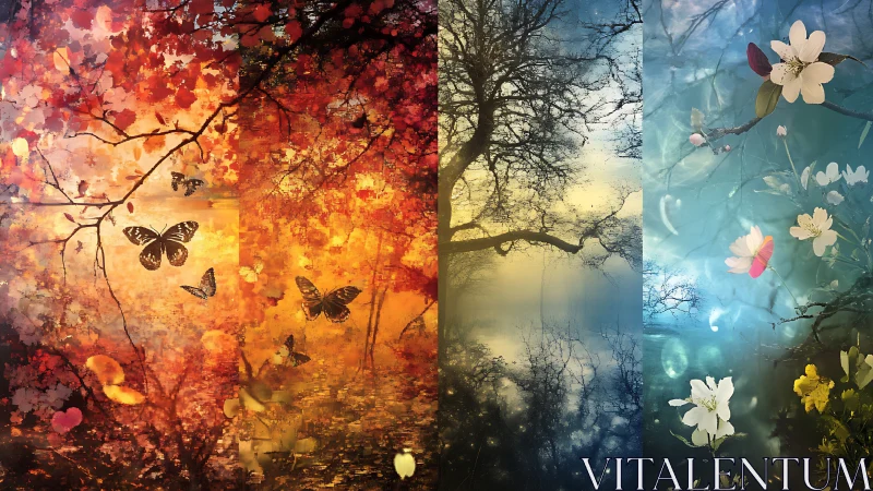 Seasonal landscape panels with trees, butterflies, flowers.