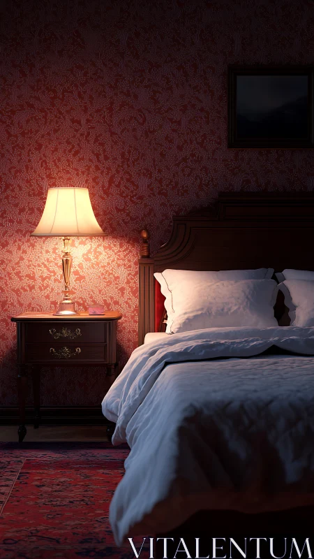 Warm bedside lamp illuminating classic red bedroom corner.