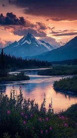 Digital painting of alpine river valley at sunset with florals.