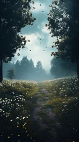 Misty meadow path beneath towering trees and open sky.