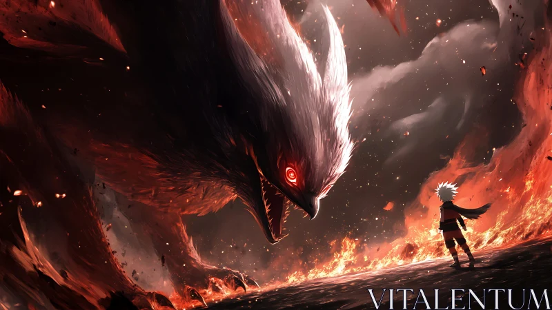 Infernal fox titan confronting lone warrior amid firestorm.
