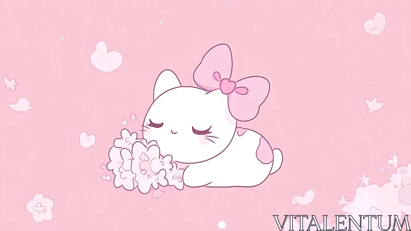 Cartoon cat with bow rests on flowers in pink background