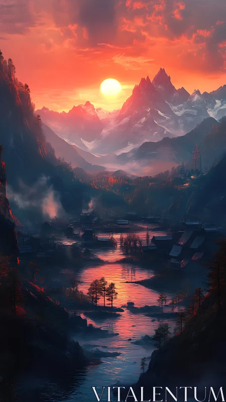 Sun-forged mountain valley cradling a river of embers.