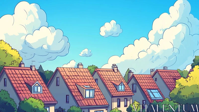 Sunny village rooftops under playful drifting clouds.