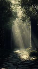 Volumetric sun rays illuminate mossy stone path through ruined archway
